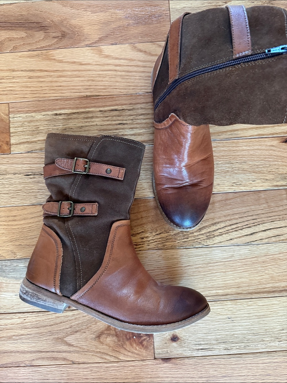 Brown Two-Tone Leather & Suede Ankle Boots with Buckle Detail